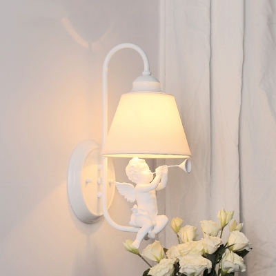 1 Bulb Coolie Lighting Fixture with Angel Baby American Retro Sconce Light with White Fabric Shade