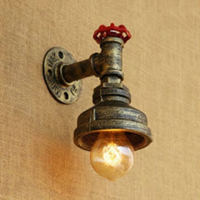 1 Bulb Water Pipe Sconce Light with Valve Retro Style Iron Wall Lamp in Antique Brass/Bronze/Silver