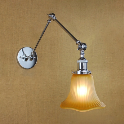 1 Light Flared Sconce Light Industrial Faded Ribbed Glass Lighting Fixture in Chrome Finish
