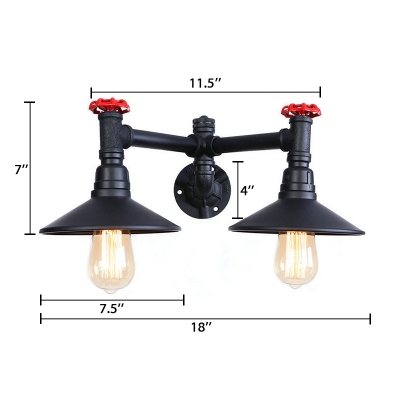 2 Lights Shallow Round Sconce Light with Red Valve Industrial Metallic Wall Mount Light