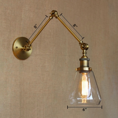 Adjustable 1 Bulb Cone Wall Lamp Vintage Clear Glass Wall Mount Light in Brass for Office