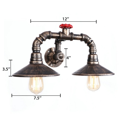 Antique Bronze Curved Arm Sconce Light Rustic Style Metallic 2 Bulbs Wall Light with Flared Shade