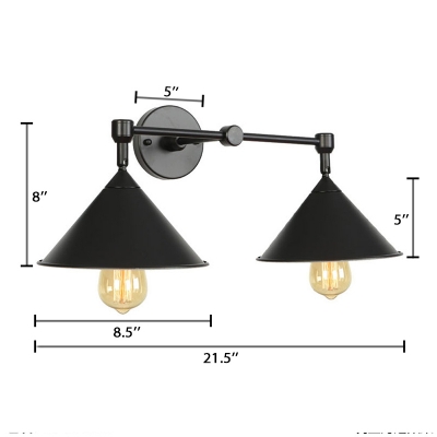 Black Armed Wall Lamp with Cone Shade Industrial Simple Metallic 2 Heads Wall Light