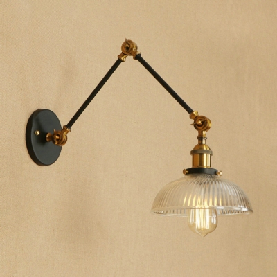 Dome Wall Sconce with Swing Arm Industrial Ribbed Glass 1 Light Wall Lighting with Black Metal Base