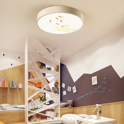 Drum LED Ceiling Lamp with Lovely Cat Design Contemporary Children Bedroom Acrylic Flush Mount in White