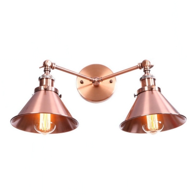 Industrial Armed Wall Light with Conical Shade Iron 2 Light Double Wall Sconce in Copper Finish