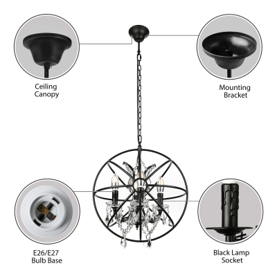 Industrial LED Orb Chandelier with Shining Crystals in Wrought Iron Style, 17'' Wide, Four Light