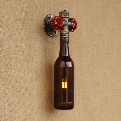 Industrial Vintage Wall Sconce with Double Valve Decorative Pipe Fixture with Clear Wine Bottle Shade