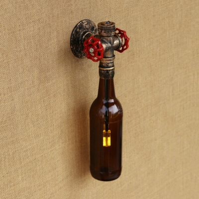 Industrial Vintage Wall Sconce with Double Valve Decorative Pipe Fixture with Clear Wine Bottle Shade