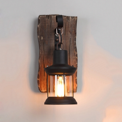 Lantern Wall Light Fixture with Rectangle Wooden Base Loft Style Single Light Sconce Light in Black
