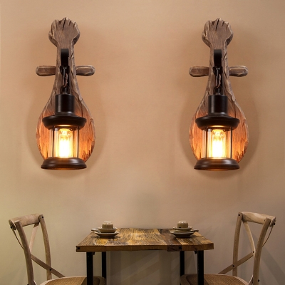 Loft Style Lantern Wall Lamp with Wooden Base 1 Head Suspender Wall Light in Black for Bedroom