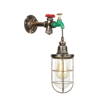 Metal Caged Wall Sconce with Faucet Decoration Industrial 1 Bulb Wall Mount Light in Aged Bronze