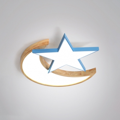 Moon and Star LED Flush Light Modern Blue/Pink Metal and Wood Ceiling Lamp for Children Room