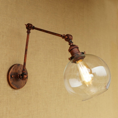 Rust Finish Swing Arm Wall Lamp with Ball Shade Retro Loft Style Clear Glass Wall Light Fixture
