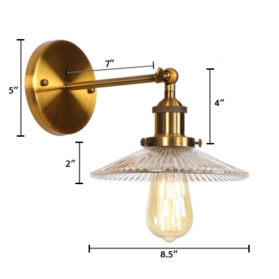 Shallow Round Shade Wall Sconce Industrial Ribbed Glass Single Head Wall Lighting in Brass