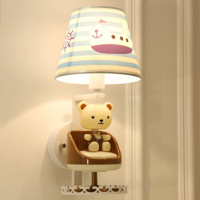 White Finish Strips Design Table Lamp with Cute Bear Fabric Shade 1 Head Standing Table Light for Kids