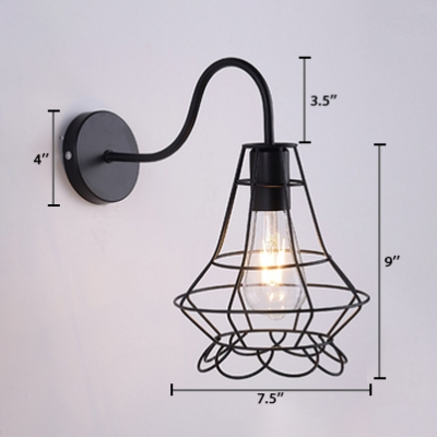 1 Head Wire Guard Wall Light with Gooseneck Industrial Iron Sconce Light in Black for Sitting Room