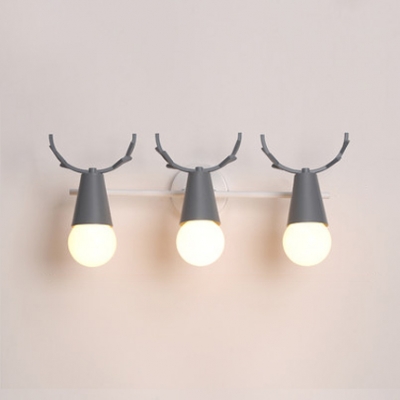 3 Heads Bare Bulb Wall Light with Antler Baby Kids Room Rotatable Metallic Wall Sconce in Blue/Gray
