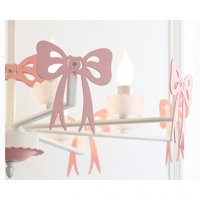 Candle Style Hanging Light with Bowknot Girls Bedroom Metallic 3/6 Lights Chandelier in Gray/Pink