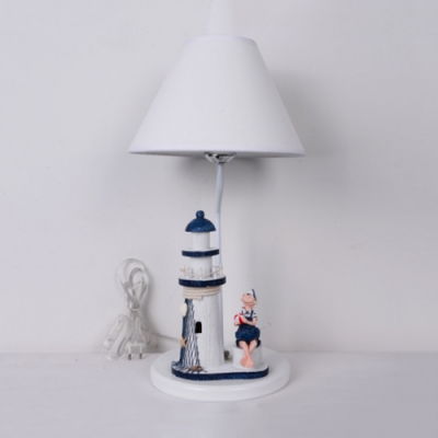 Conical Standing Table Lamp with Lighthouse Decoration for Bedroom Fabric Single Light Table Light in White
