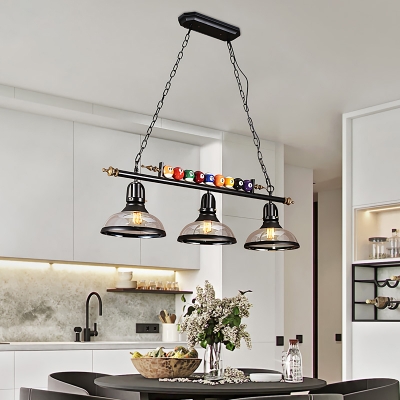 Industrial 3 Light Island Pendant with Clear Glass Shade in Black Billiard Ball Decorative Chandelier