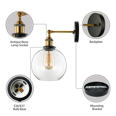 Industrial Glass Globe Wall Sconce in Antique Brass with Clear Glass for Bedside Foyer Hallway