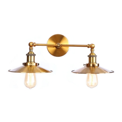 Shallow Round Flared Sconce Light Retro Style Iron 2 Bulbs Wall Lamp in Brass Finish