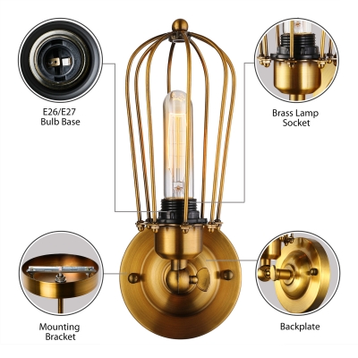 Single Light LED Wall Lamp in Gold Finish with Wire Guard