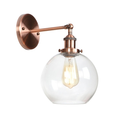 Single Light Orb Lighting Fixture Industrial Simple Transparent Glass Sconce Lighting in Copper Finish