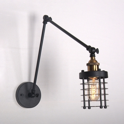 Swing Arm Wall Mount Fixture with Cylinder Metal Cage Simple 1 Light Wall Mount Light in Brass