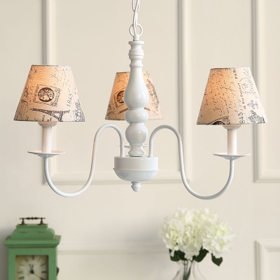 Triple Heads Shaded Suspended Light American Retro Metal Hanging Chandelier in White Finish