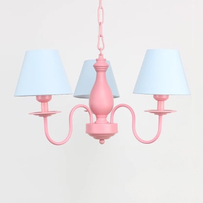 Vintage Tapered Hanging Light Fixture with Blue/Pink Fabric Shade Triple Lights Suspension Light