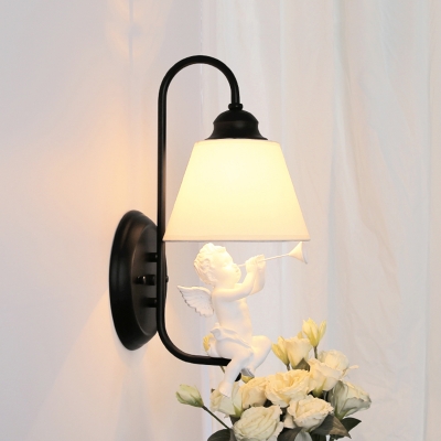 1 Bulb Coolie Lighting Fixture with Angel Baby American Retro Sconce Light with White Fabric Shade