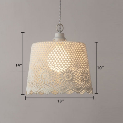 1 Head Bucket Hanging Light with Flower Design American Retro Knit Suspension Light in White
