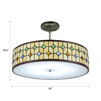 Beige Round Pendant Light Style, Stained Glass Drum Chandelier