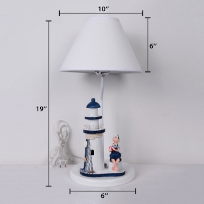 Conical Standing Table Lamp with Lighthouse Decoration for Bedroom Fabric Single Light Table Light in White