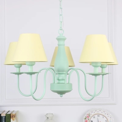 Green Finish Cone Hanging Chandelier Simplicity Fabric Shade 5 Lights Suspension Light