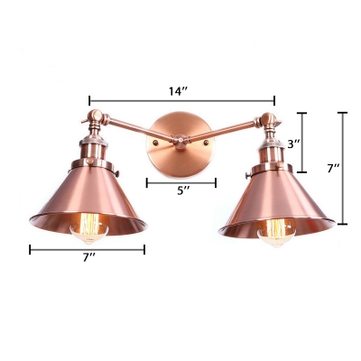 Industrial Armed Wall Light with Conical Shade Iron 2 Light Double Wall Sconce in Copper Finish