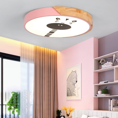 Round Shade LED Flush Light with Giraffe Design Nursing Room Metal Ceiling Light in Blue/Pink