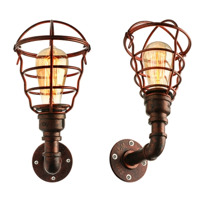 Rust Finish Caged Wall Mount Light Industrial Metal Single Light Wall Sconce for Coffee Shop