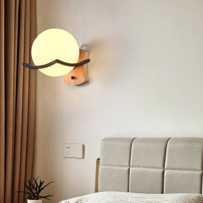 Single Head Global Sconce Light Contemporary Opal Glass Wall Mount Light in Black with Wooden Base