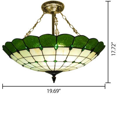 Stained Glass 20 Inch Width Tiffany Four-light Pendant Light with Circular Grid Inverted Shade