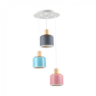 Triple Light Cylinder LED Pendant Lights Nordic Macaron Wood Decoration Hanging Lamp for Kids