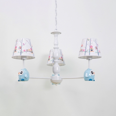 White Finish Cone Hanging Lamp with Owl Design Fabric Shade 3/5 Lights Suspension Light for Kids