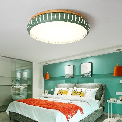 Wooden Base Round Flush Light Nordic Style Living Room Bedroom LED Ceiling Light in Green/Pink