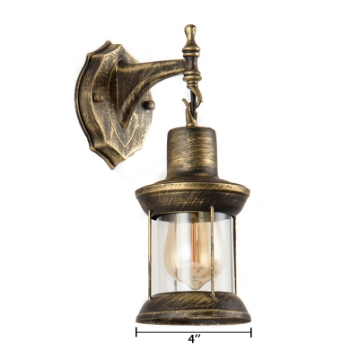 1 Head Lantern Style Wall Lamp Industrial Metallic Wall Mount Fixture in Antique Brass for Balcony