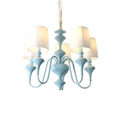 3/5 Lights Curved Arm Hanging Lamp with Fabric Shade American Retro Chandelier Light in Blue