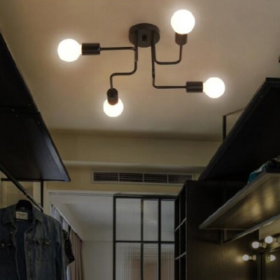 4 Light Semi Flush Ceiling Light in Wrought Iron Retro Style Black Finish Living Room Bedroom Ceiling Light
