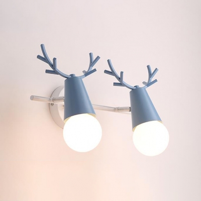 Bare Bulb 2 Heads Sconce Light with Antler Macaron Rotatable Metallic Wall Lamp for Children Room