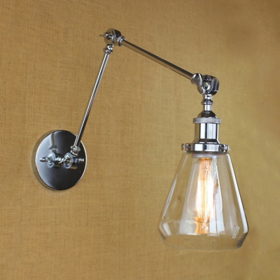 Cone Shade Wall Mount Light Industrial Glass Shade 1 Head Wall Sconce in Chrome with Adjustable Arm